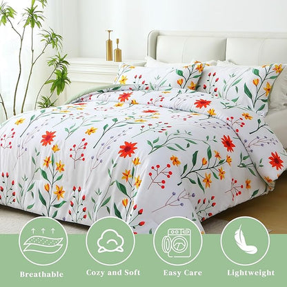 King Comforter Set Green 3 Pieces Bed in a Bag, Colorful Floral Bedding Sets Elegant Botanical Bed Set Lightweight Soft Comforter with 2 Pillowcases for All Season