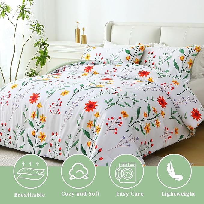 Queen Comforter Set Green 3 Pieces Bed in a Bag, Colorful Floral Bedding Sets Elegant Botanical Bed Set Lightweight Soft Comforter with 2 Pillowcases for All Season