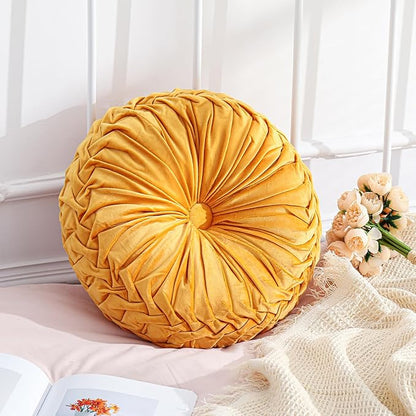 1 Pcs Round Throw Pillows Decorative Velvet Pleated Throw Pillows 15'' Diameter Accent Pumpkin Boho Chair Cushion for Couch Sofa Chair Bed Home Decoration (Yellow)
