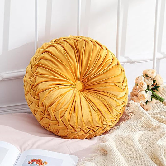 1 Pcs Round Throw Pillows Decorative Velvet Pleated Throw Pillows 15'' Diameter Accent Pumpkin Boho Chair Cushion for Couch Sofa Chair Bed Home Decoration (Yellow)