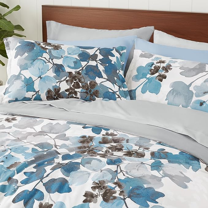 King Comforter Set Blue Bed Set, 9 Pieces Cute Floral Bedding Set Ultra Soft Botanical Flowers Comforter, Sheets, Pillowcases & Shams