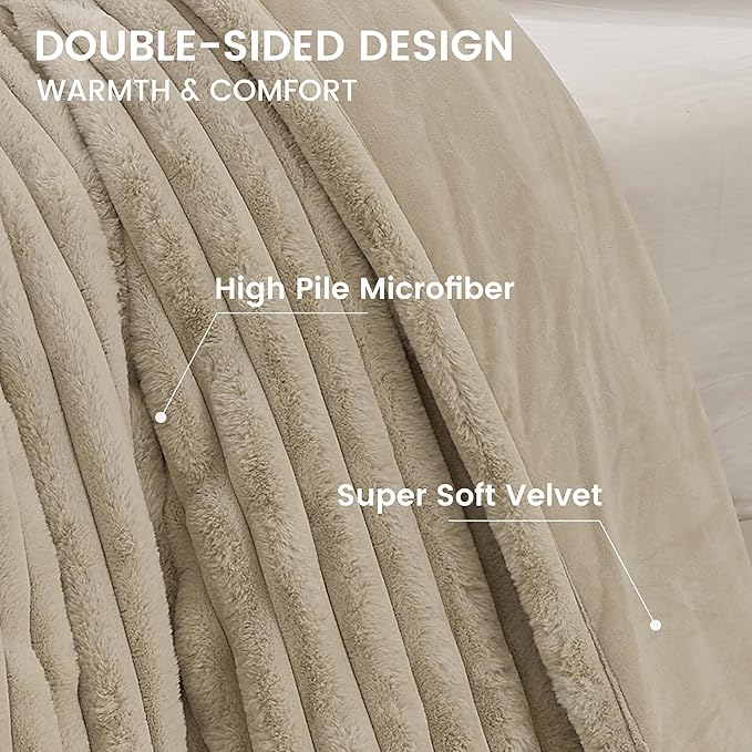 Simple&Opulence Fluffy Faux Fur Comforter Set, Plush Fuzzy Minky Bedding Set, 3 Pieces Warm Soft Comforter Bedding Set for Winter - 1 Shaggy Comforter with 2 Pillow Shams(Queen, Striped - Khaki)