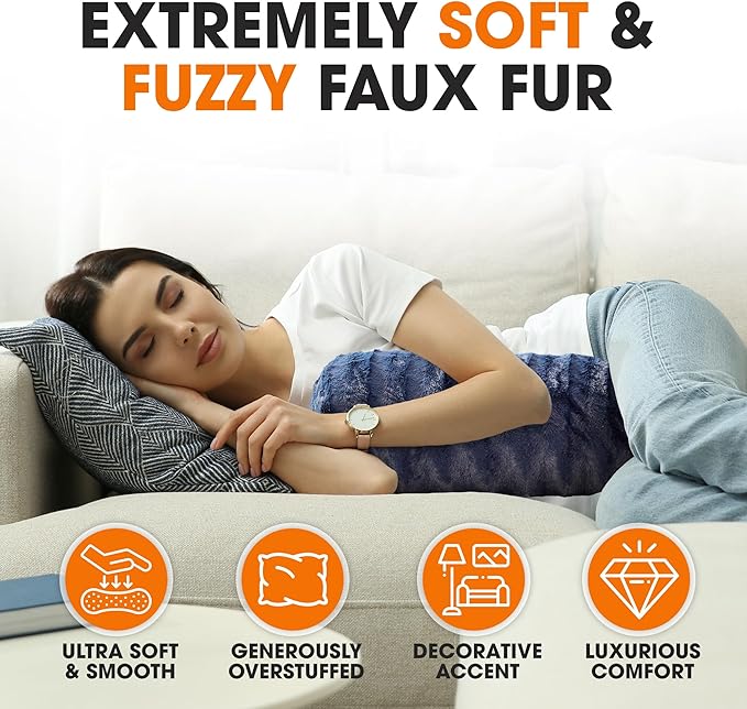 Cheer Collection Faux Fur Bolster Pillows – Soft Decorative Cylinder Pillows for Bed or Couch, Machine Washable – 8” x 24”, Set of 2, Blue