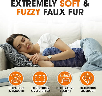 Cheer Collection Faux Fur Bolster Pillows – Soft Decorative Cylinder Pillows for Bed or Couch, Machine Washable – 8” x 24”, Set of 2, Blue