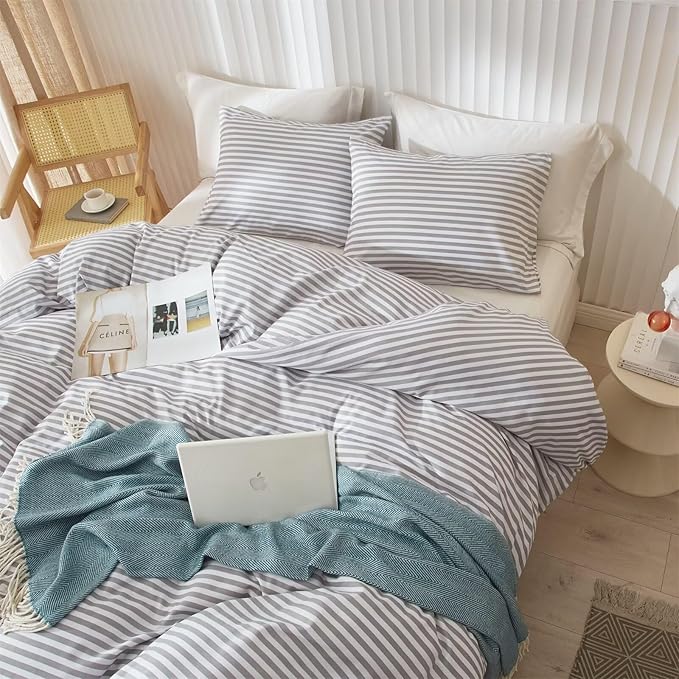 mixinni Striped Comforter Set Twin XL Size - Grey White Stripes Pattern Bed Set for Women and Men, 3 Pieces Lightweight Bedding Comforter Sets for All Seasons (1 Soft Fluffy Comforter + 2 Pillowcases)