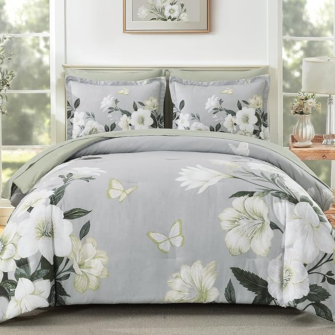 King Size Comforter Set - 7 Pieces Floral Comforter Set, Elegant Sage Green Flower Bed in a Bag King Soft Microfiber Bedding Set for All Seasons (Sage Green,104"x90")