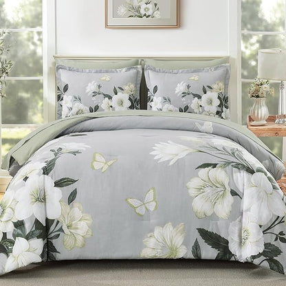 Floral Comforter Set Queen Size,7 Piece Sage Green Bed in a Bag, Elegant Flower Pattern Comforter Set with Sheet, Soft Microfiber Complete Bedding Sets for All Season