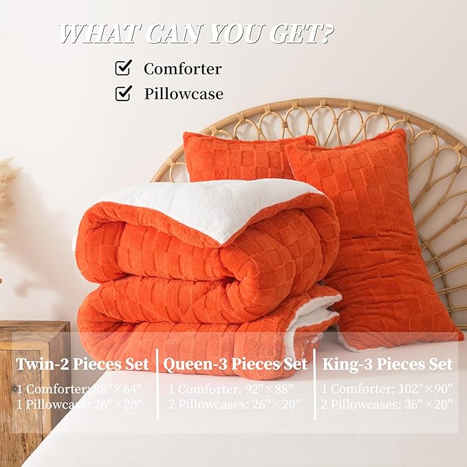 ELNIDO QUEEN® Fluffy Comforter Set King, Burnt Orange Winter Fleece Comforter Ultra Soft & Extra Pluffy Plush Comforter Set, Cozy Fuzzy Bed Comforter 3 Pieces (1Comforter, 2 Pillowcases),102x90 inch