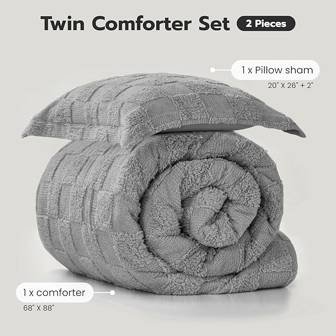 Joiedomi Tufted Twin Comforter Set, 2 Pieces Grey Boho Twin Bedding Set with 1 Plaid Geometric Comforter and 1 Pillow Sham, Checkered Bed in a Bag for All Seasons