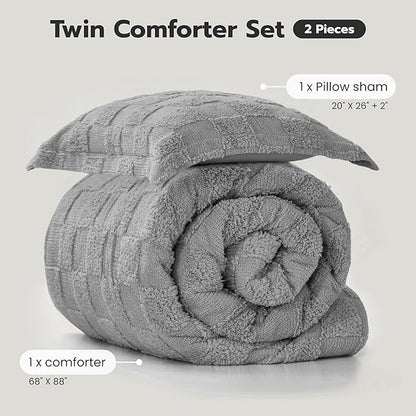 Joiedomi Tufted Twin Comforter Set, 2 Pieces Grey Boho Twin Bedding Set with 1 Plaid Geometric Comforter and 1 Pillow Sham, Checkered Bed in a Bag for All Seasons