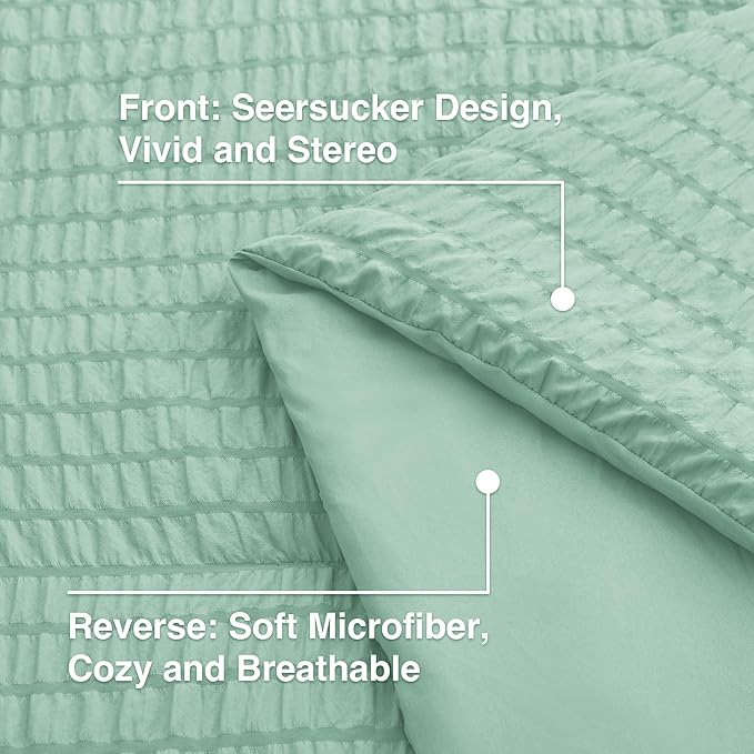 Love's cabin Seersucker Light Green Queen Comforter Set, 7-Piece All Season Lightweight Bed in a Bag Bedding Set with Comforter, Flat Sheet, Fitted Sheet, Pillowcases and Shams | Soft, Breathable, Lightweight