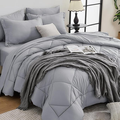 HEVUMYI Light Grey California King Comforter Set - 7-Piece All Season Bed in a Bag Cal King, Ultra Soft Bedding Set with Comforter, Flat Sheet, Fitted Sheet, Pillowcases, Pillow Shams