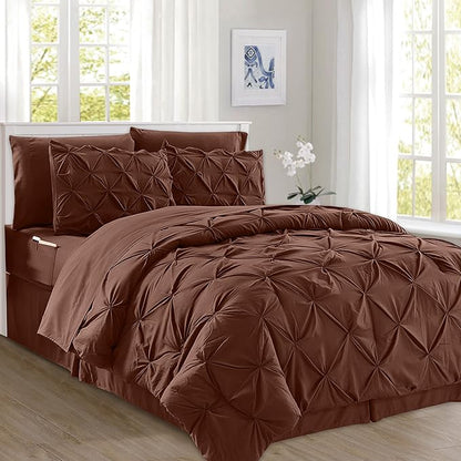 Elegant Comfort 8-Piece Pinch Pleated Comforter Set-All Season Complete Bed in a Bag, Includes 4pc Smart Sheet Set, Bed Skirt, Comforter, Matching Pillowcases and Shams, King/Cal King, Chocolate Brown