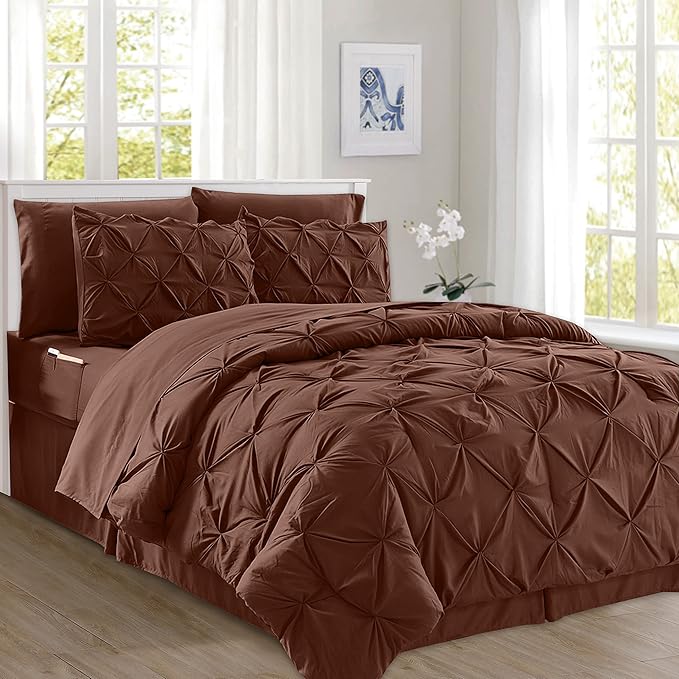 Elegant Comfort 8-Piece Pinch Pleated Comforter Set -All Season Complete Bed in a Bag, Includes 4pc Smart Sheet Set, Bed Skirt, Comforter, Matching Pillowcases and Shams, Twin/Twin XL, Chocolate Brown
