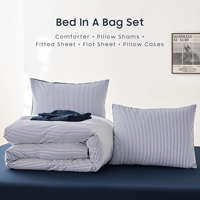 Wake In Cloud - Striped Comforter Set with Sheets, Ticking Stripe Vertical Pinstripe Neutral Farmhouse Pattern Printed, 7 Pieces Bed in a Bag, Navy Blue White, Queen Size