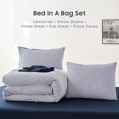 Wake In Cloud - Striped Comforter Set with Sheets, Ticking Stripe Vertical Pinstripe Neutral Farmhouse Pattern Printed, 7 Pieces Bed in a Bag, Navy Blue White, Queen Size