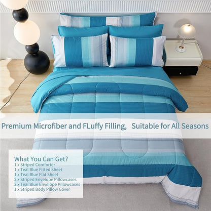 RYNGHIPY 8 Pieces Teal Grey Queen Bed Comforter Sets, Soft All Season Boys Men Women Comforter Bedding Set, Turquoise Stripe Colorblock Bed in a Bag Lightweight Fluffy (Queen,Teal Grey)