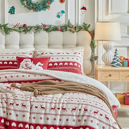 Christmas Sherpa Comforter Set Queen Size 3 Pieces Red Stripes Cream Heart Deer Holiday Winter Bedding Microfiber Warm Fleece Comforter with 2 Pillow Shams - Thanksgiving New Year Gift Choice