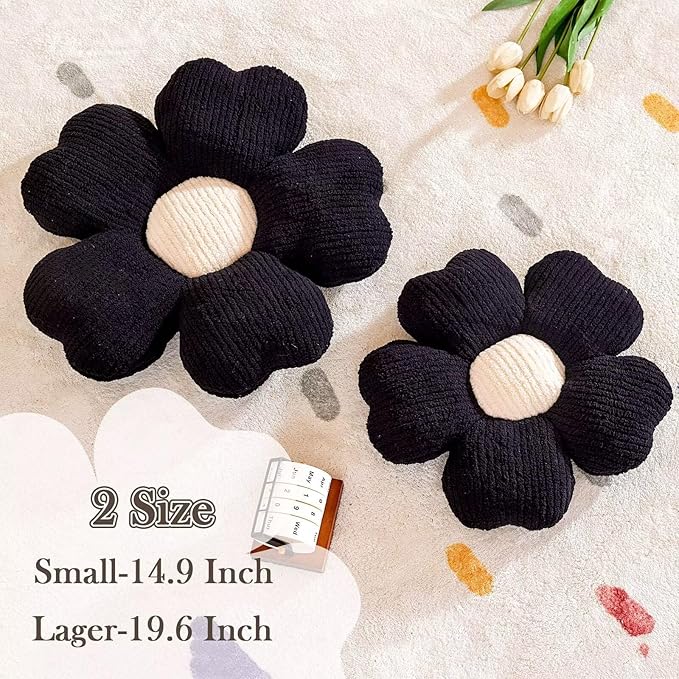 Flower Throw Pillow, Cute Flower Shaped Pillow Decorative Throw Pillow for Bed Couch, Soft Daisy Pillows Floor Seating Cushion Cushions (14.9 Inch Black)