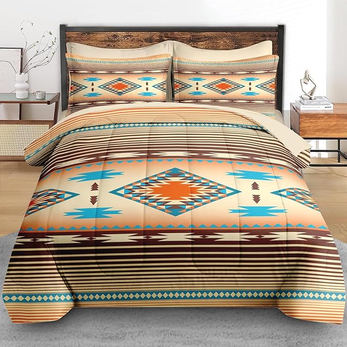 Comforter Set Queen Size, Southwest Western Geometric 7 Pcs Bedding for Kids and Adults, Mexico Stripe Turquoise Bed Sheet Sets with Fitted Sheet 2 Pillowcases & 2 Shams