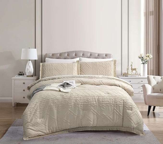 Boho King Size Comforter Set Beige 3 Pieces Tufted Tassel King Comforter Set Prime Lightweight Down Comforter King Size Beige Shabby Chic Boho Bedding Farmhouse Fluffy Comforter Bed Set Gift Choice
