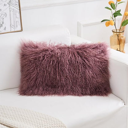 Genuine Mongolian Lamb Fur Pillow Cover – 12"x20" Rectangular Cushion Case – Soft Curly Wool Decorative Accent for Sofa, Bed, or Chair (Rose Taupe)