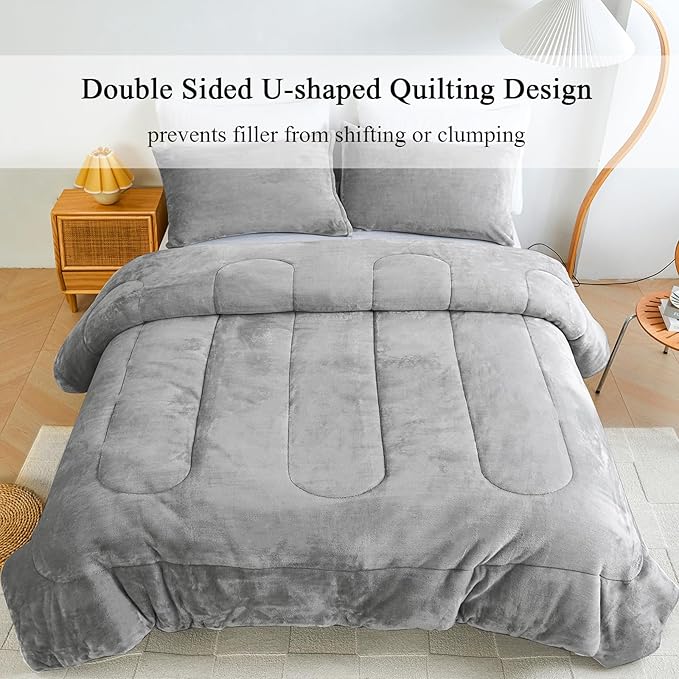 Faux Fur Comforter Set, Ultra Soft Warm Plush Velvet Comforter, Fluffy Fuzzy Fleece Bedding Comforter Sets for Fall Winter, No Shedding, 3PC, Queen Size, Light Grey