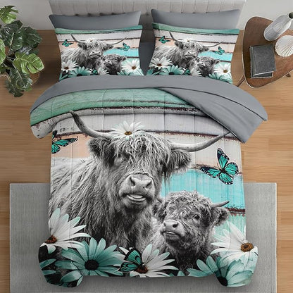 Comforter Set Full Size, Highland Cow Bull 7 Pcs Bedding for Kids and Adults, Flower Daisy Retro Bed Sheet Sets with Fitted Sheet 2 Pillowcases & 2 Shams for Bedroom Bed Decor