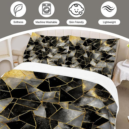 Black Geometric Marble Bedding Set King Size for Kids Women Men, Abstract Black Grey Gold Marbled Comforter Set Gold Lines Marbling Bed Set for Bedroom Decor with 1 Comforter + 2 Pillowcases