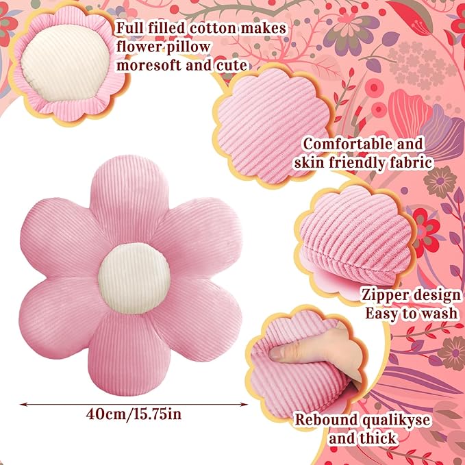 Sratte 3 Pcs Flower Pillows Flower Shaped Throw Pillows Cute Daisy Plush Pillow Decorative Floor Pillow Seat Cushion for Bedroom Home Sofa Chair Couch Decor(Vivid Colors,16")