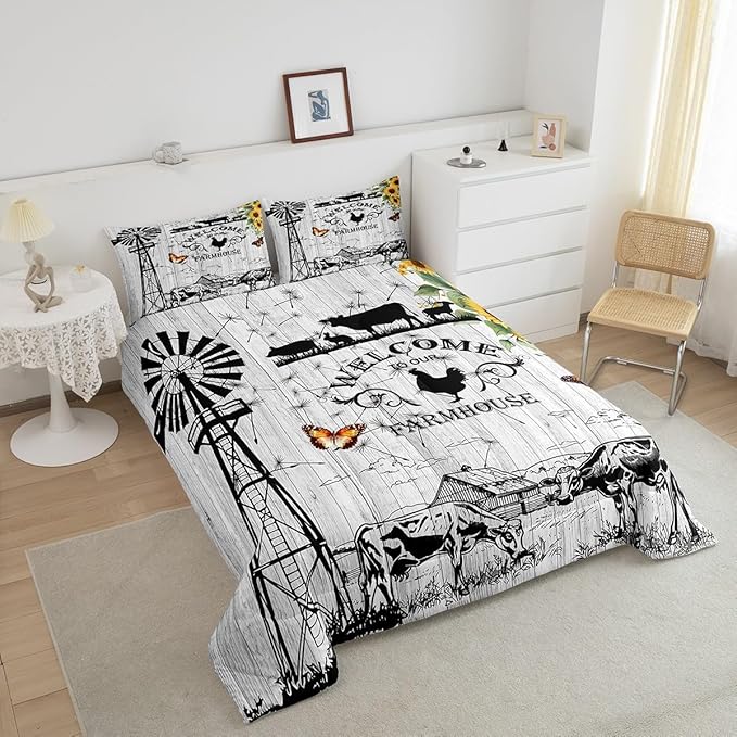 Erosebridal Windmill Bedding King Size, Rustic Farmhouse Comforter Set Retro Vintage Windmill Bedding Comforter Sets, Wooden Planks Barn Door Down Comforter with 2 Pillowcases for All Season