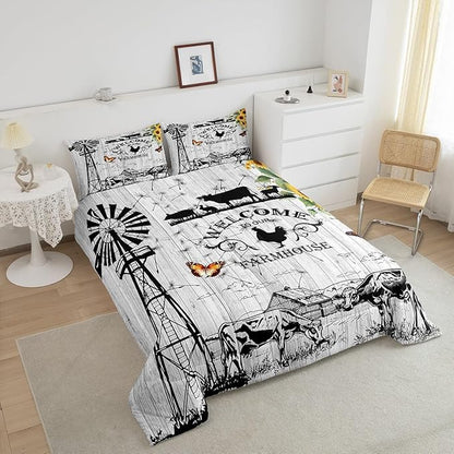 Erosebridal Windmill Bedding King Size, Rustic Farmhouse Comforter Set Retro Vintage Windmill Bedding Comforter Sets, Wooden Planks Barn Door Down Comforter with 2 Pillowcases for All Season
