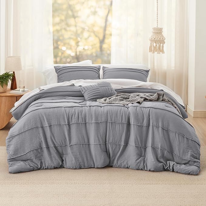 Bedsure California King Comforter Set - 4 Pieces Pinch Pleat Bed Set, Grey Boho Bedding for All Season, 1 Soft Comforter, 2 Pillowcases, 1 Decorative Pillow
