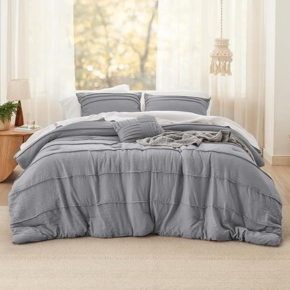 Bedsure Queen Comforter Set - 4 Pieces Pinch Pleat Bed Set, Grey Boho Bedding for All Season, 1 Soft Comforter, 2 Pillowcases, 1 Decorative Pillow