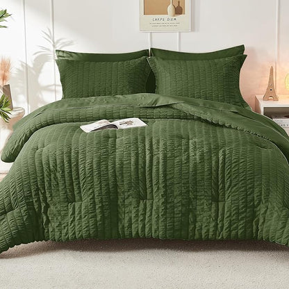 HYMOKEGE Olive Green King Size Comforter Set Seersucker 7 Pieces, All Season Luxury Bed in a Bag for Bedroom, Bedding Set with Comforter, Sheets, Pillowcases & Shams