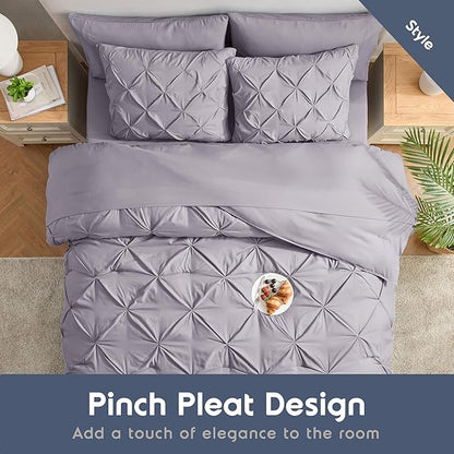 Nestl 7-Piece Pinch Pleated Comforter Set - King Size, All Season, Bed in a Bag with Flat Sheet, Fitted Sheet, Pillowcases and Shams in Grey Lavender