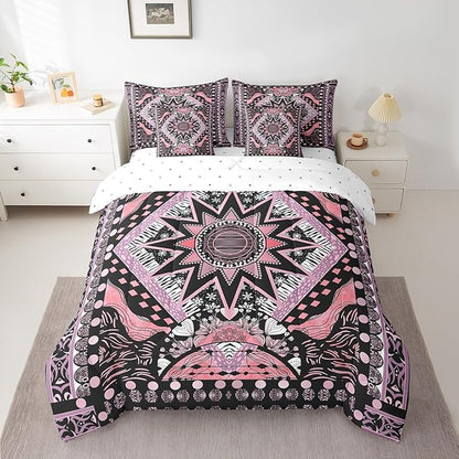 Feelyou Sun Moon Bed in a Bag with Comforter, Twin Size 7Pcs Boho Exotic Bedding Set with Comforter, Pink Bohemian Galaxy Comforter Women Men Teens Ultra Soft Decor Astrology Space Room Decor