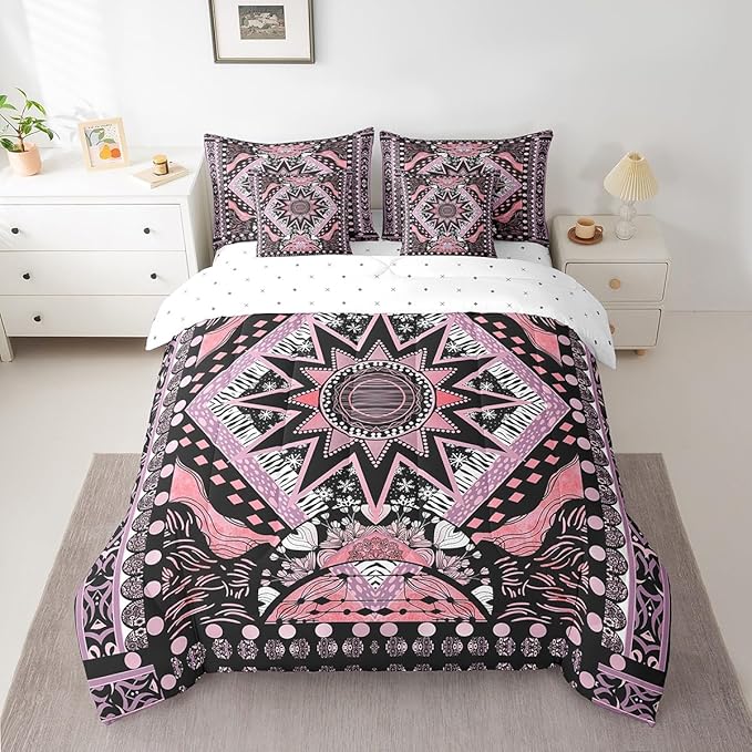 Feelyou Sun Moon Bed in a Bag with Comforter, King Size 7Pcs Boho Exotic Bedding Set with Comforter, Pink Bohemian Galaxy Comforter Women Men Teens Ultra Soft Decor Astrology Space Room Decor
