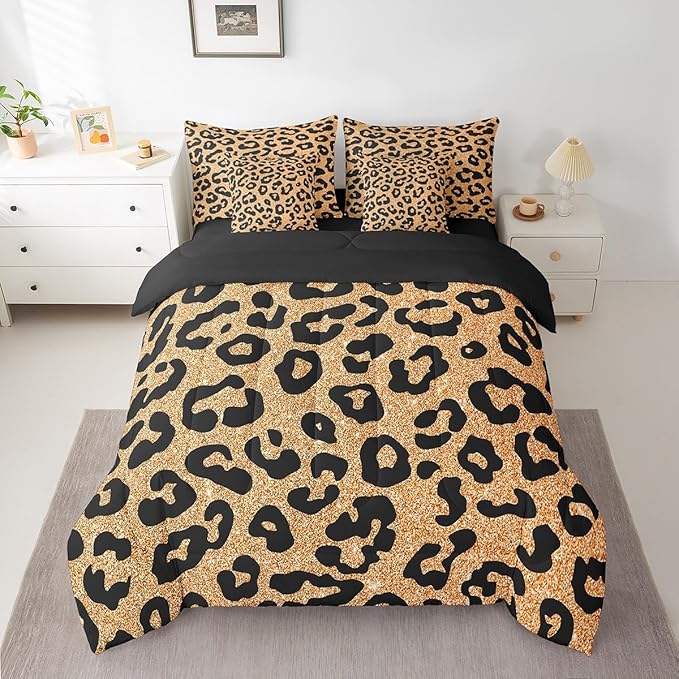 Leopard Print Twin Size Comforter Set in a Bag 7 Pieces,Cheetah Wildlife Skin Bedding Set for Kids,Yellow Black Cheetah Print(Comforter+Fitted+Flat Sheet+2 Pillowcases+2 Throw Pillow Covers)