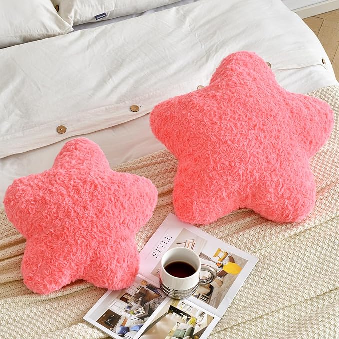Star Pillow, 19.7" Star Shaped Plush Pillow for Couch Bed Sofa, Cute Decorative Throw Pillows with Soft Faux Fur Room Decor for Bedroom Living Room (Rose Pink)