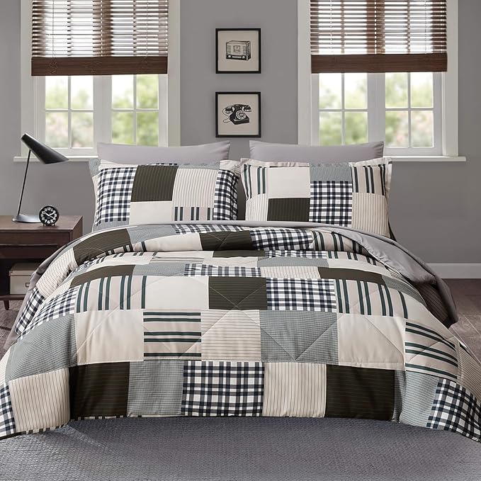 Comforter Set King Size Plaid Patchwork Comforter Bedding-7 Piece Bed in a Bag,Soft Fluffy Reversible Microfiber Bedding Set(1 Comforter,1 Flat Sheet,1 Fitted Sheet,2 Pillowcases,2 Pillow Shams)