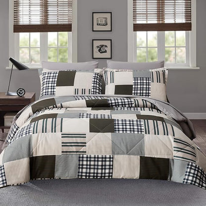 Comforter Set King Size Plaid Patchwork Comforter Bedding-7 Piece Bed in a Bag,Soft Fluffy Reversible Microfiber Bedding Set(1 Comforter,1 Flat Sheet,1 Fitted Sheet,2 Pillowcases,2 Pillow Shams)