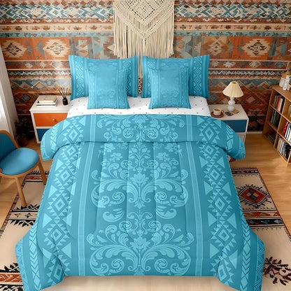 Comforter Set King Size, Cyan Damask Aztec 7 Pcs Bedding for Kids and Adults, Baroque Western Boho Gothic Floral Bed Sheet Sets with Fitted Sheet 2 Pillowcases & 2 Shams for Bedroom Bed Decor