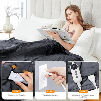 HYLEORY Heated Electric Blanket Throw, 2-Layer Cozy Warm Flannel 50" x 60", Heating Blanket with 9 Heating Levels, 2/4/6/10 Hours Auto Off, Fast Heating Winter Blanket, Dark Grey