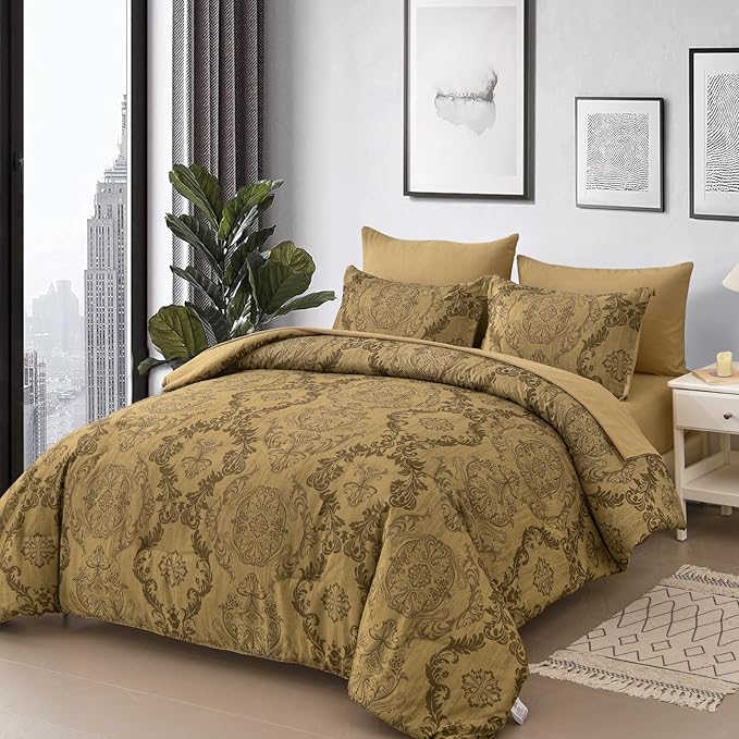 WONGS BEDDING Gold Comforter Set King Size, Damask Texture Design 7 Pieces Bed in a Bag Microfiber Comforter Bedding Sets -1 Comforter, 1 Flat Sheet, 1 Fitted Sheet, 2 Pillow Shams,2 Pillowcases