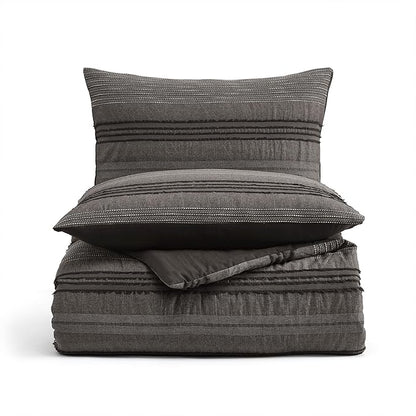 Wonderful Dark Grey Comforter Set Queen Size, Yarn Dyed Farmhouse Striped Cotton Lightweight Boho Comforter with Pillow Shams, Halloween Bedding, Fluffy Bedding Set for All Season