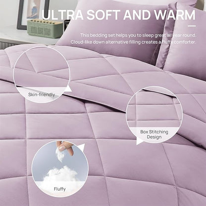 Love's cabin Full Comforter Set Light Purple, 7 Pieces Full Bed in a Bag, All Season Bedding Sets with 1 Comforter, 1 Flat Sheet, 1 Fitted Sheet, 2 Pillowcase and 2 Pillow Sham