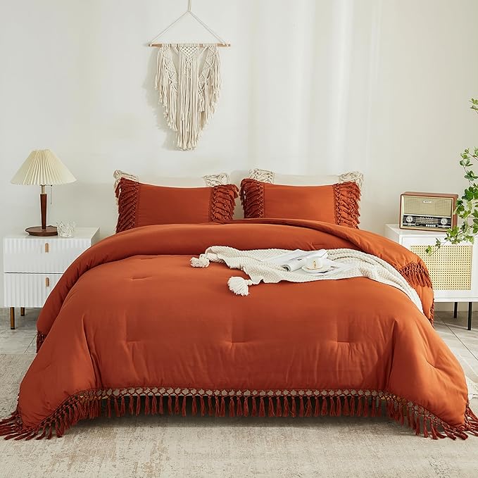 Andency Comforter Full Size Set Burnt Orange, Boho Terracotta Lightweight Vintage Soft Bedding Comforter Sets, 3 Pieces Rust Bed Set (79x90In Comforter & 2 Pillowcases)