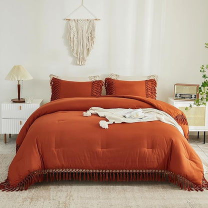 Andency Comforter King Size Set Burnt Orange, 3 Pieces Boho Terracotta Tassel Lightweight Fluffy Bedding Comforters & Sets, Soft All Season Rust Bed Set (104x90In Comforter & 2 Pillowcases)