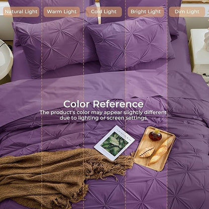 Sasttie Full Size Comforter Set, 7-Piece Bed in a Bag Double, Pintuck Bedding Set for All Season, Includes Comforter, Flat Sheet, Fitted Sheet, Pillowcases and Pillowshams, Grape Purple